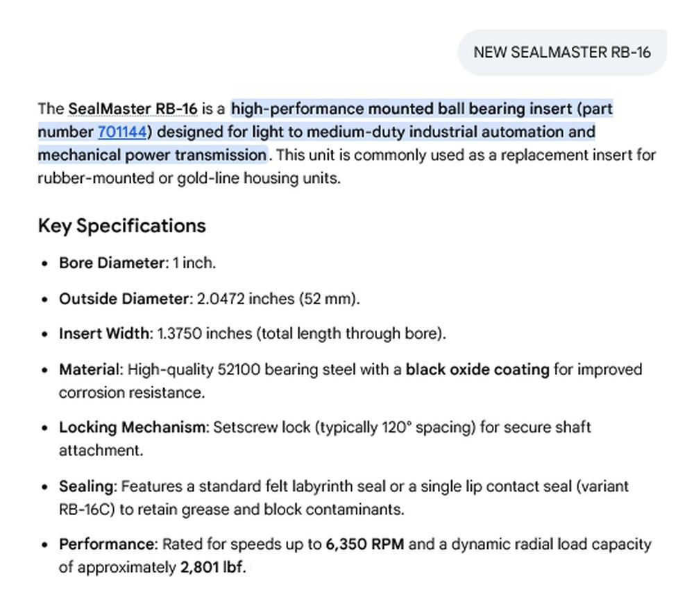 1 NEW SEALMASTER RB-16 1” BORE MOUNTED BALL BEARING INSERT NIB ***MAKE OFFER***
