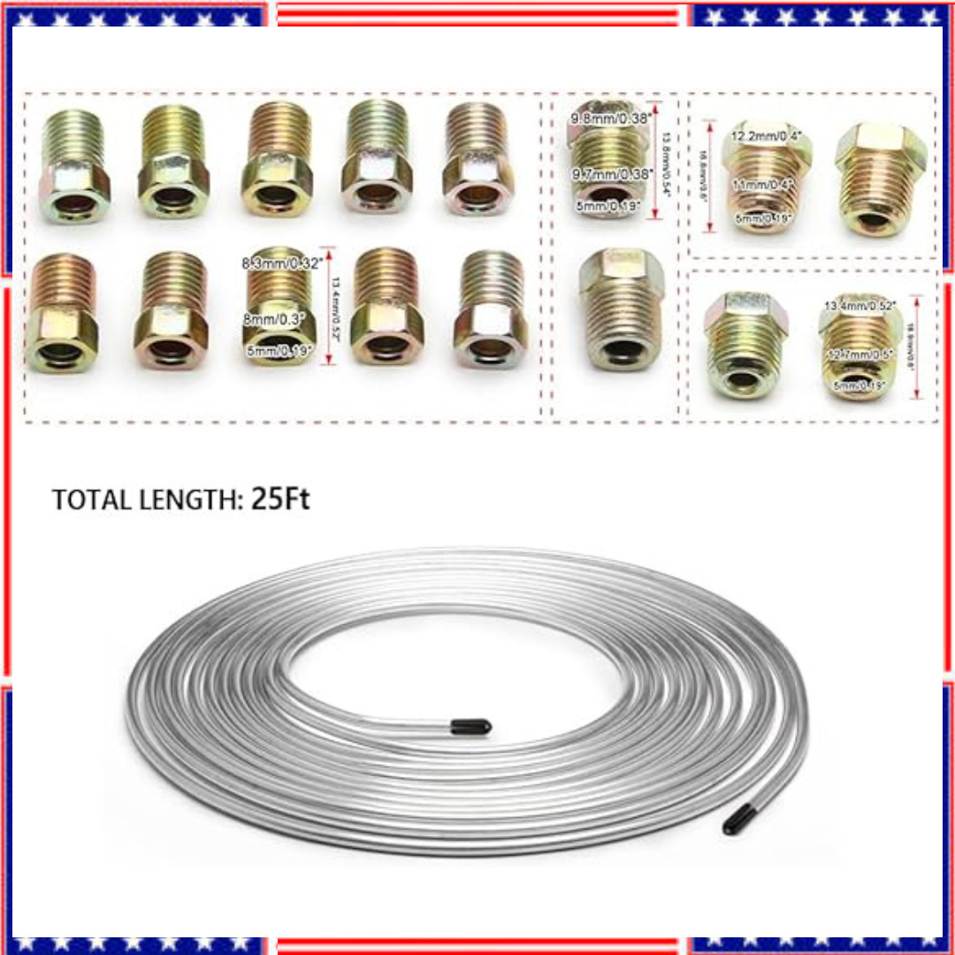 Upgraded 25 Ft 3/16″ Brake Line Tubing Kit, 2025 New Stainless Brake Silver