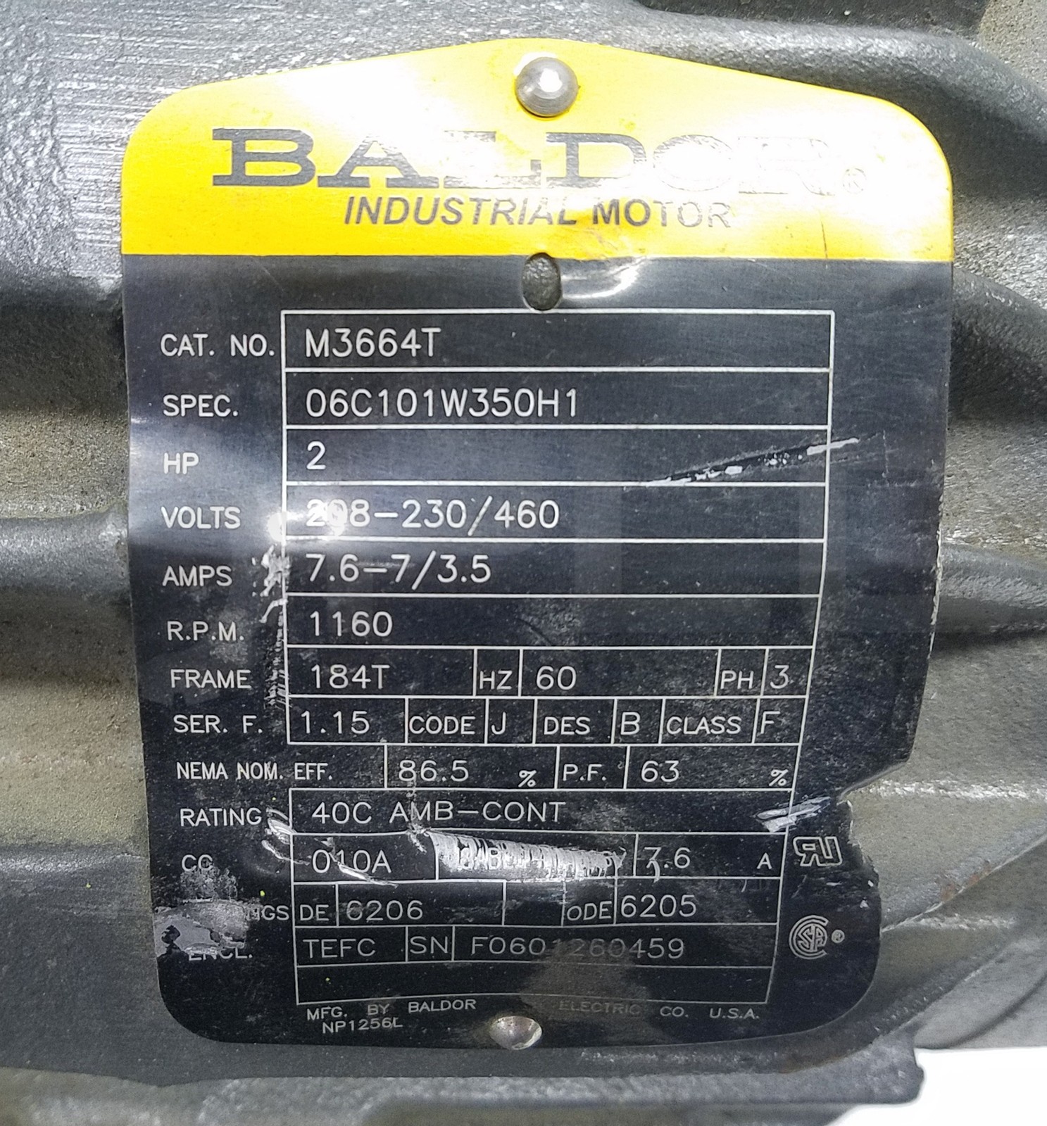 BALDOR M3664T MOTOR 2HP 3PH 1160RPM FR: 184T Spec: 06C101W350H1