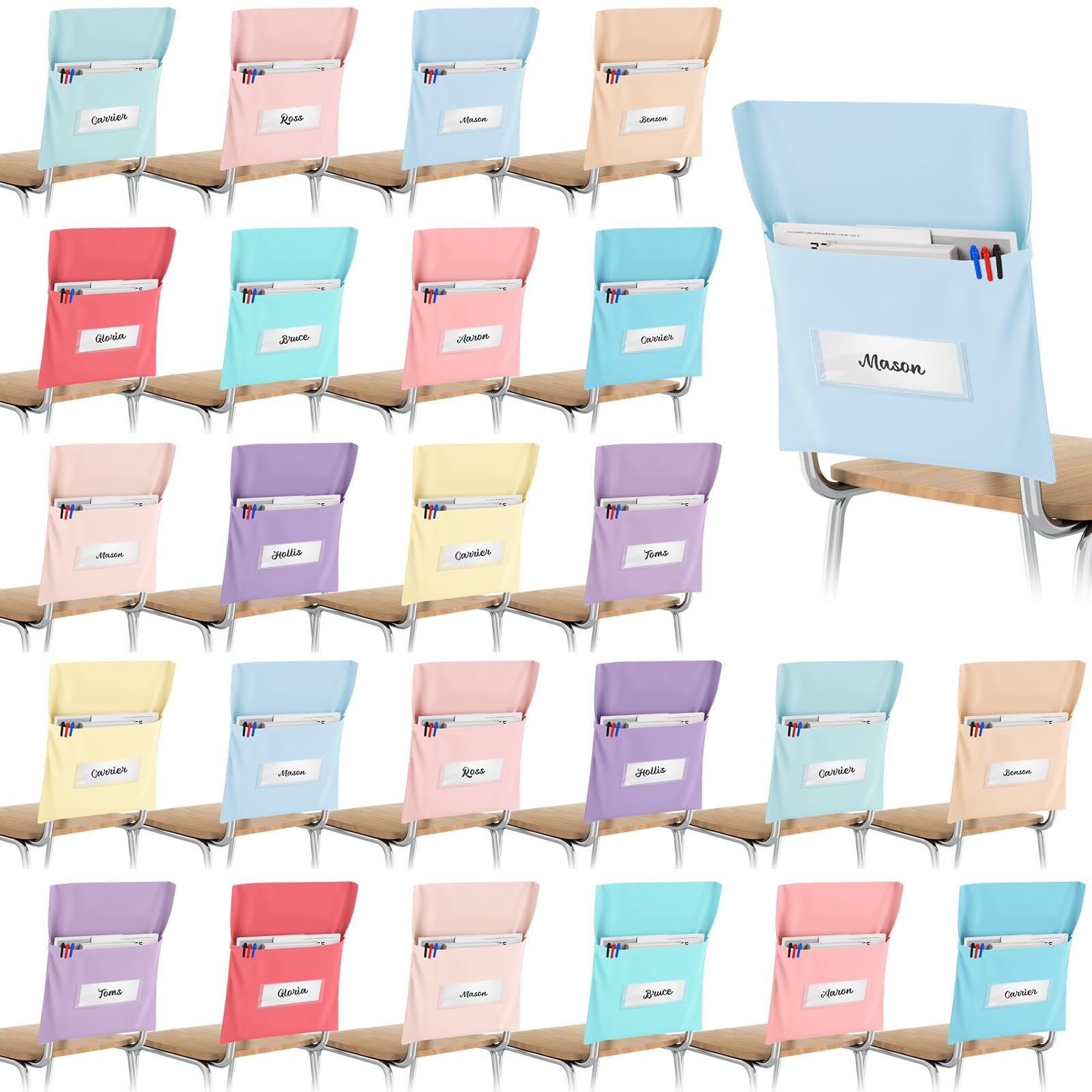 Yeyeplum 24 Pcs Chair Pockets for Classroom Chairback 14 x 18 inches, Pastel