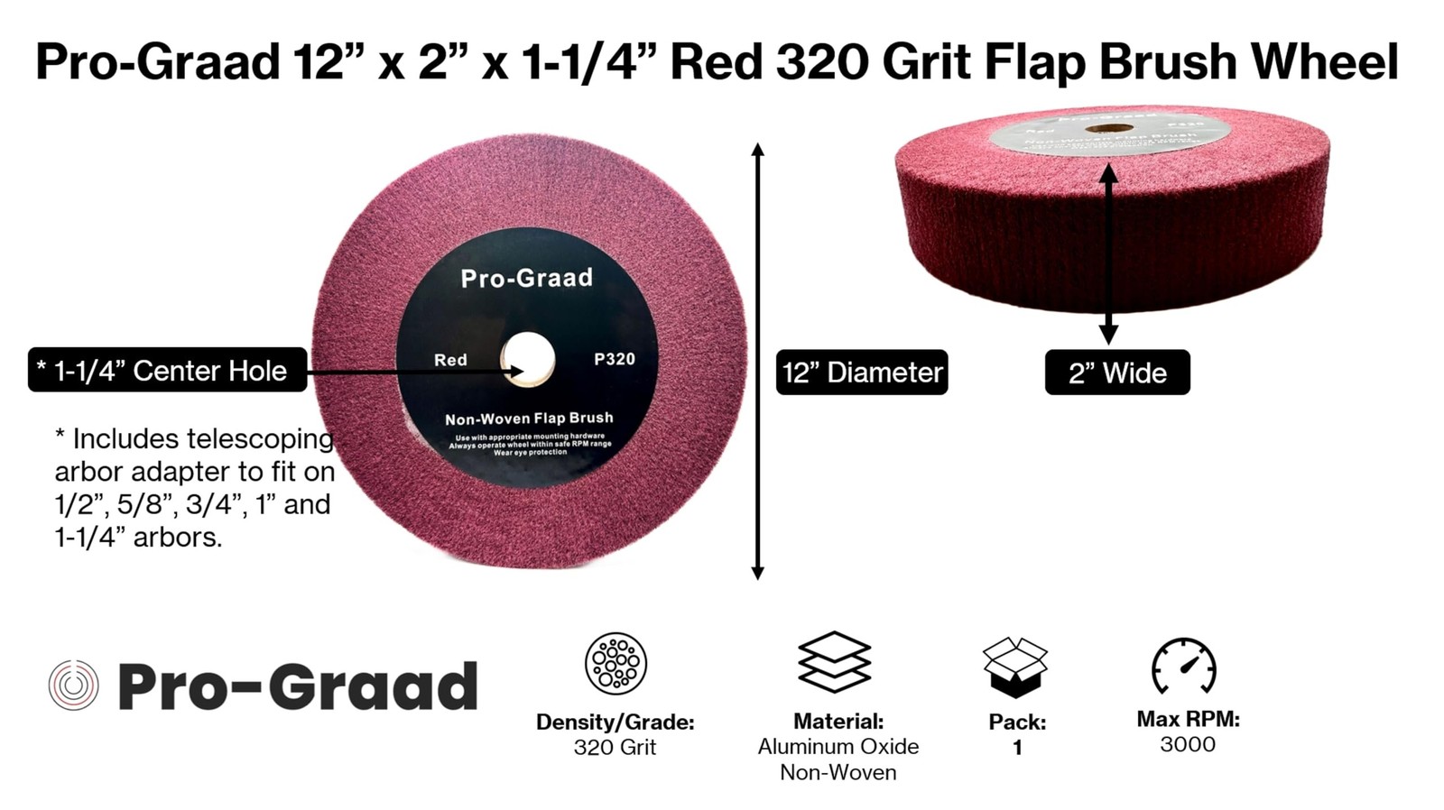 Pro-Graad 12” x 2” x 1-1/4” Red Bench Grinder Polishing Wheel Flap Brush, 320…