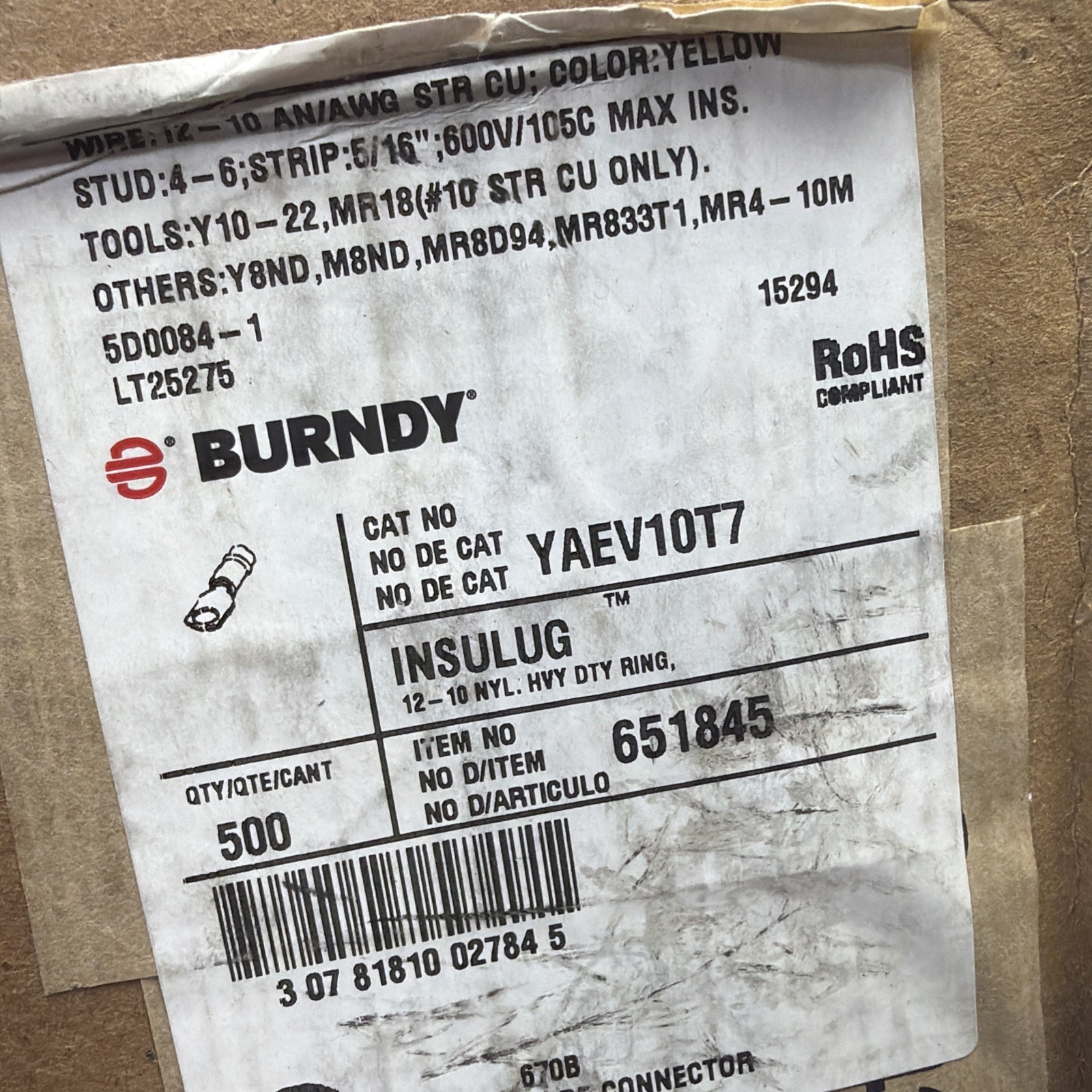 LOT OF 500 BURNDY YAEV10T7 NYLON RING TERMINAL FOR 12-10 AWG