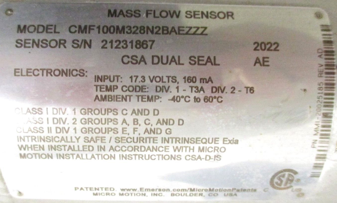 MICRO MOTION, CMF100M328N2BAEZZZ , 1″ 150 SST MASS FLOW SENSOR , SURPLUS