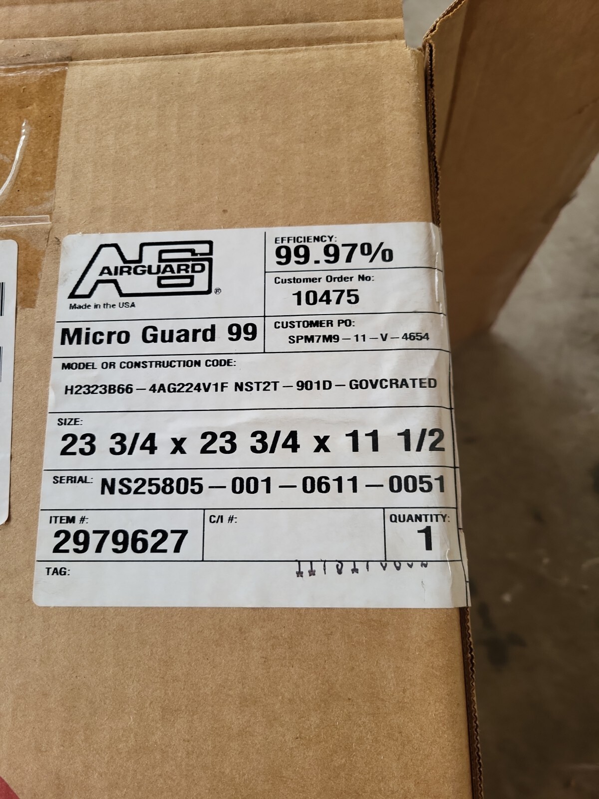 AIRGUARD MICRO GUARD 99 Air Filter H2323B66-NST2T901D 2000-CFM 4330015298929