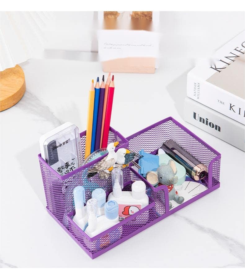 PURPLE Metal Mesh 3 Compartment Desk Organizer Pencil 3 Compartment, Purple