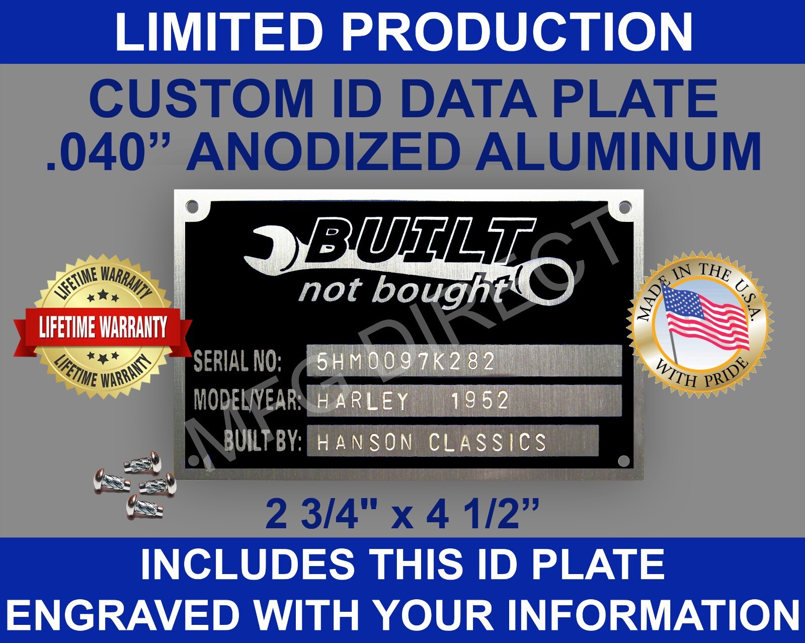 SERIAL NUMBER PLATE ID TAG BUILT NOT BOUGHT CUSTOM ENGRAVED YOUR INFO +RIVETS