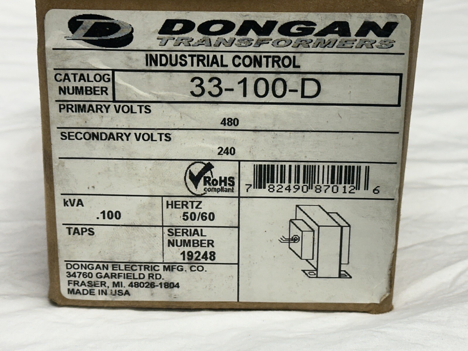 Dongan 33-100-D 33 Series Control Transformer, 480 VAC Primary, New