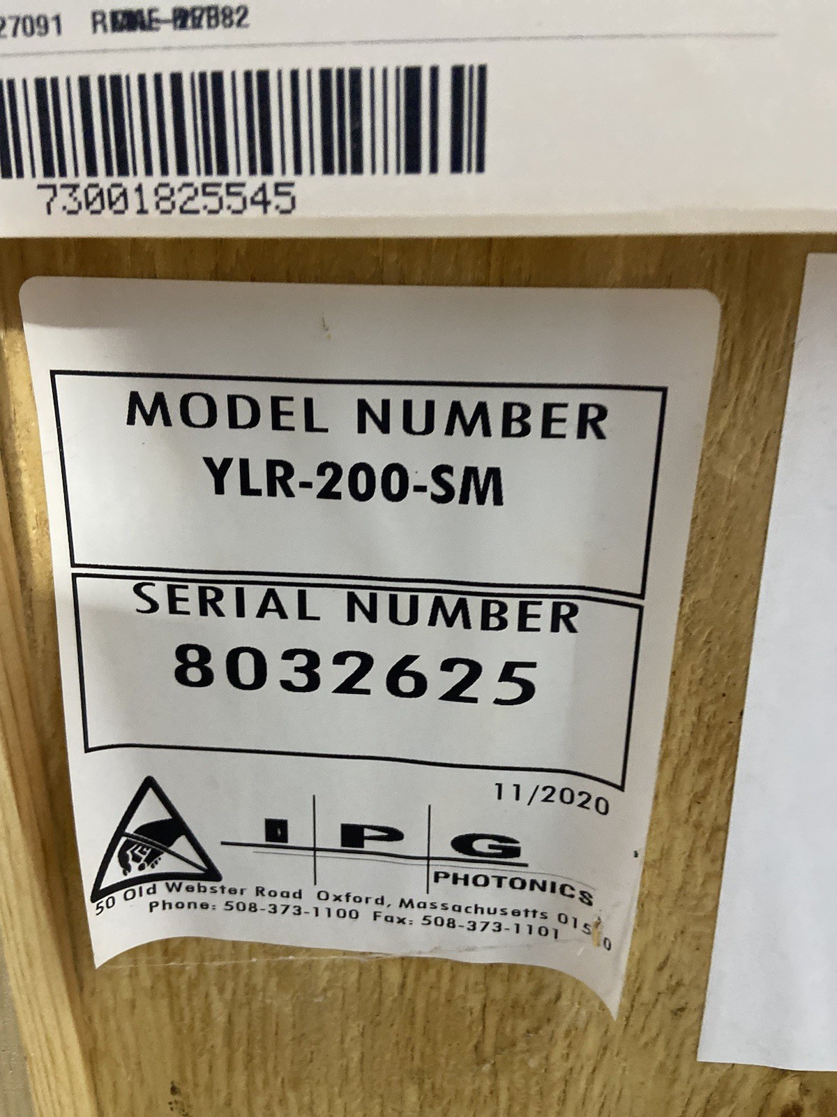 IPG FIBER LASER IPG – YLR-200-SM-EOS, Germany. SN 8032625, MFG 11/2020