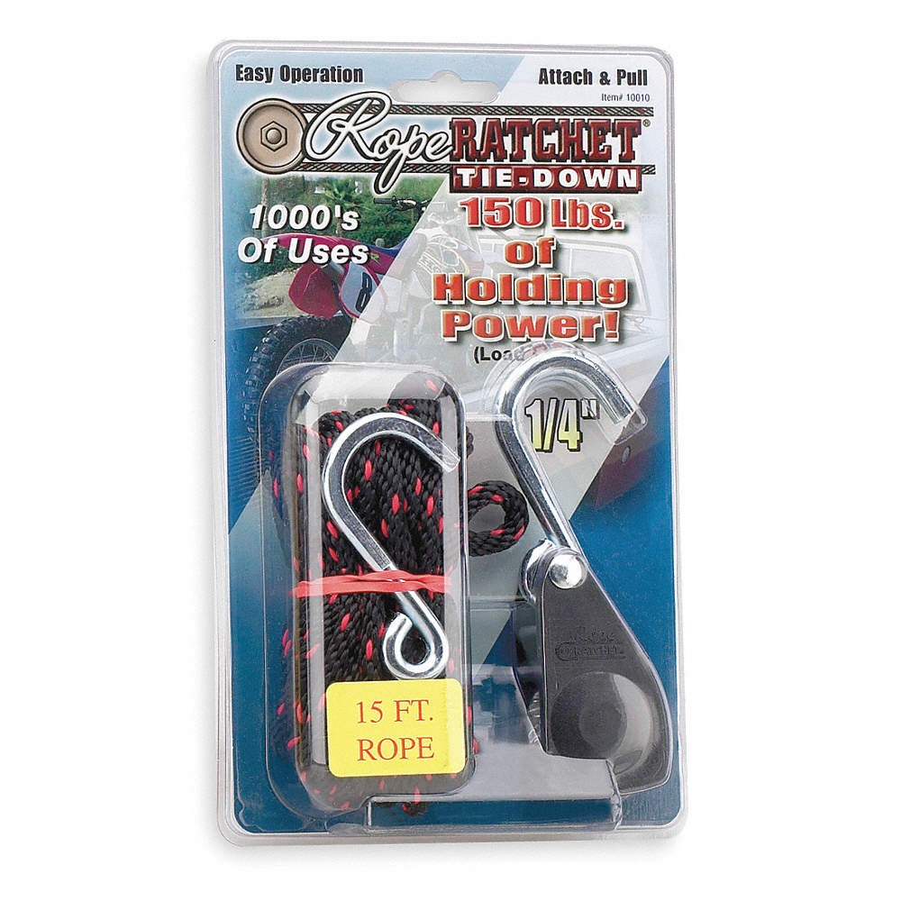 ROPE RATCHET 10015 Rope Tie Down,15′ L,150 lb,S-Hook 1DJN9