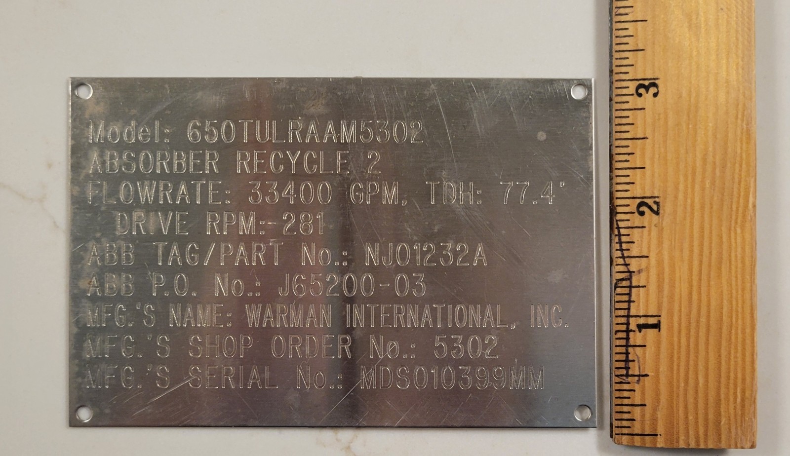 WARMAN INTERNATIONAL, INC. Model 650 PUMP Aluminum Data Tag
