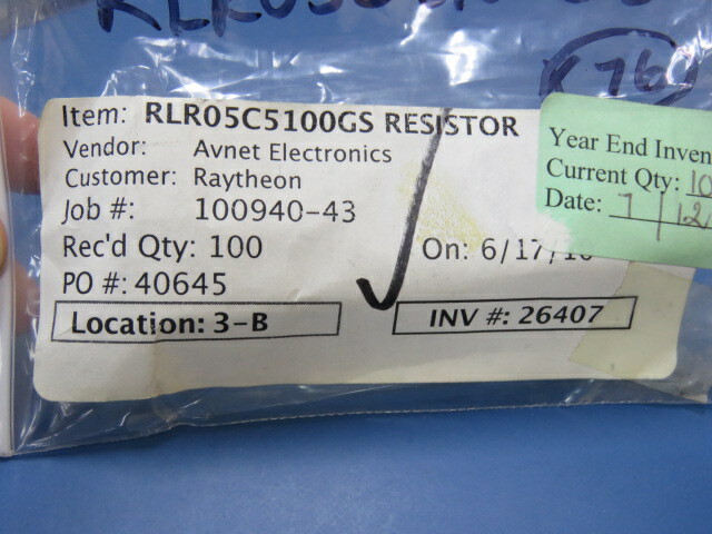 VISHAY RLR05C5100GSB14 Qty of 67 per Lot Res Metal Film 510 Ohm 2% 0.125W(1/8W)