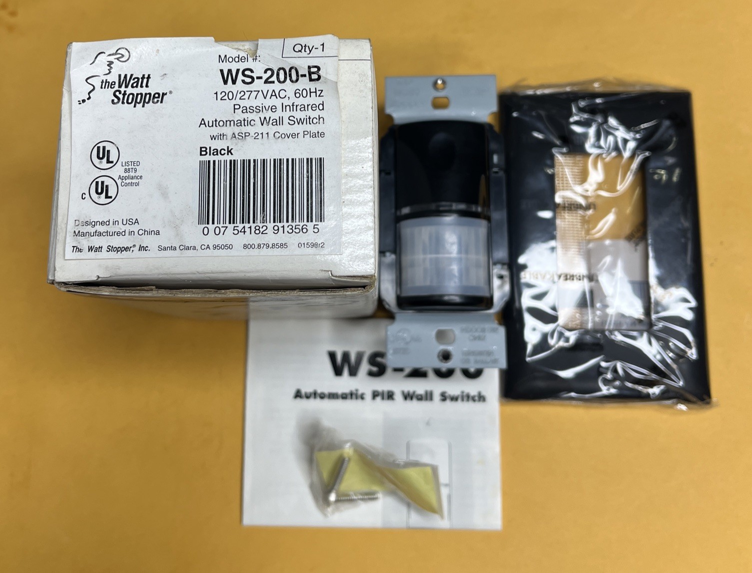 Watt Stopper WS-200-B Passive IR Automated Wall Switch 120-277 VAC 60 Hz Black