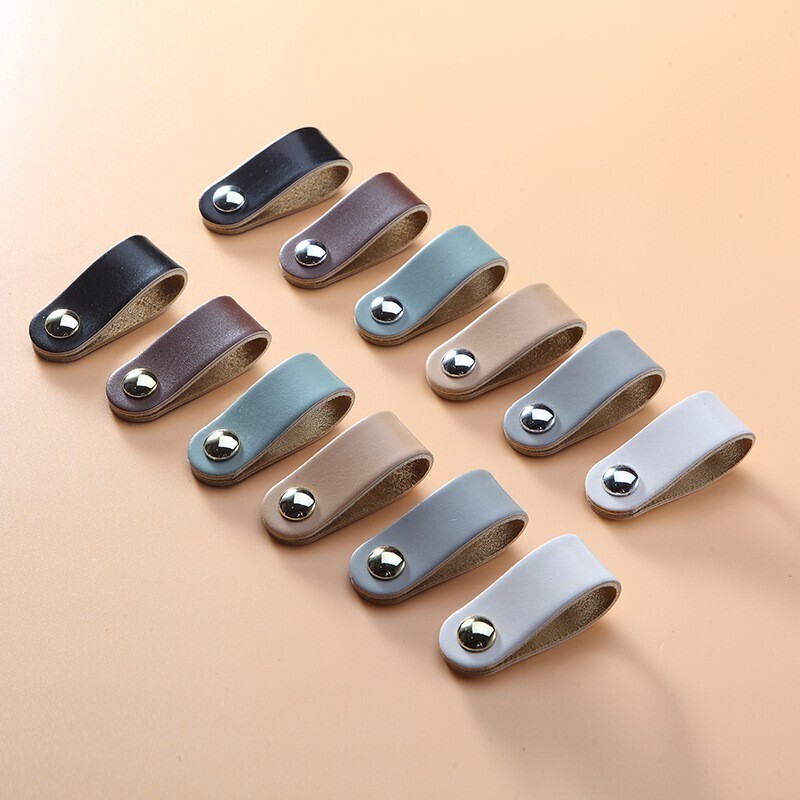 5Pcs Leather Drawer Pulls Single Hole Knobs for Drawers, Grey/Silver
