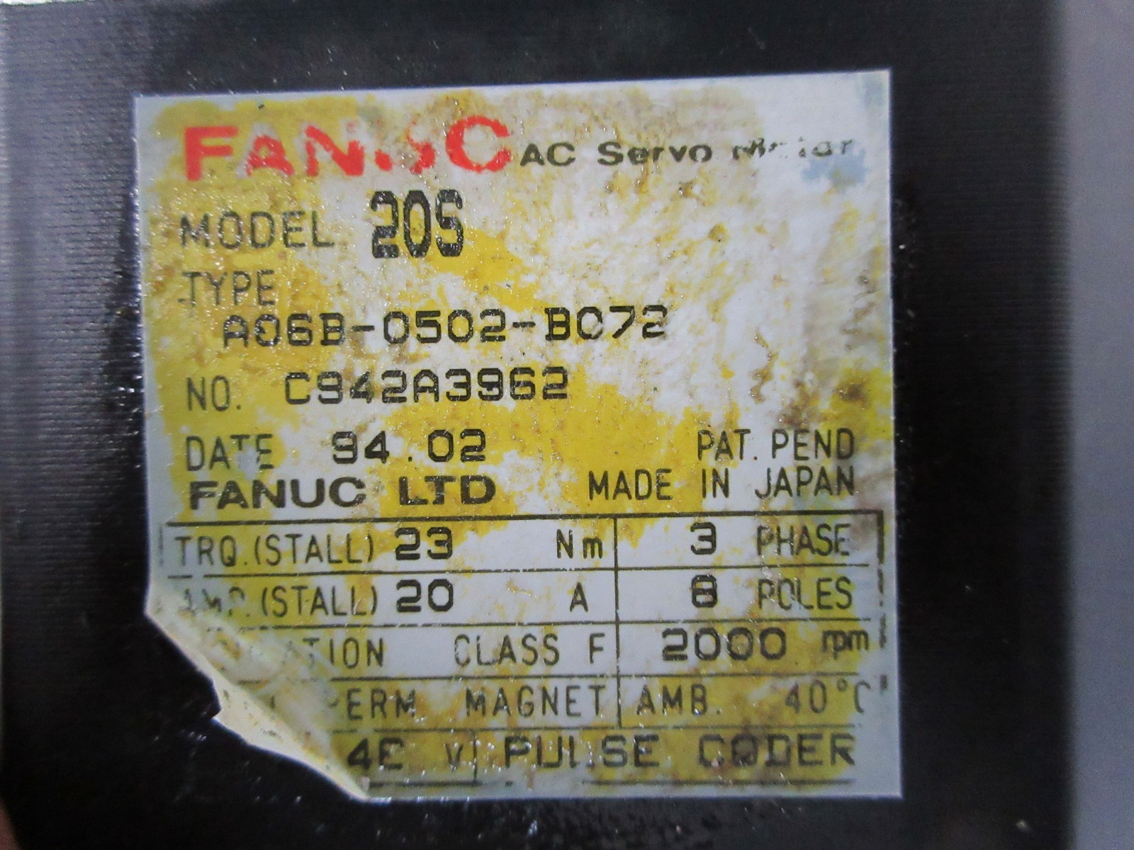 FANUC A06B-0502-B072 USED MODEL 20S AC SERVO MOTOR A06B0502B072