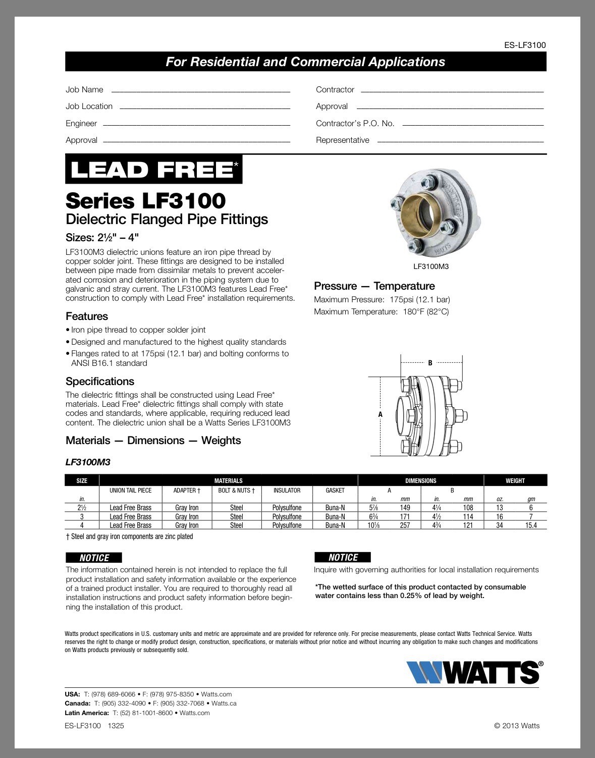 Watts LF3100M3 2-1/2″ Socket Cast Iron 50 psi 300° F Max Dielectric Union New