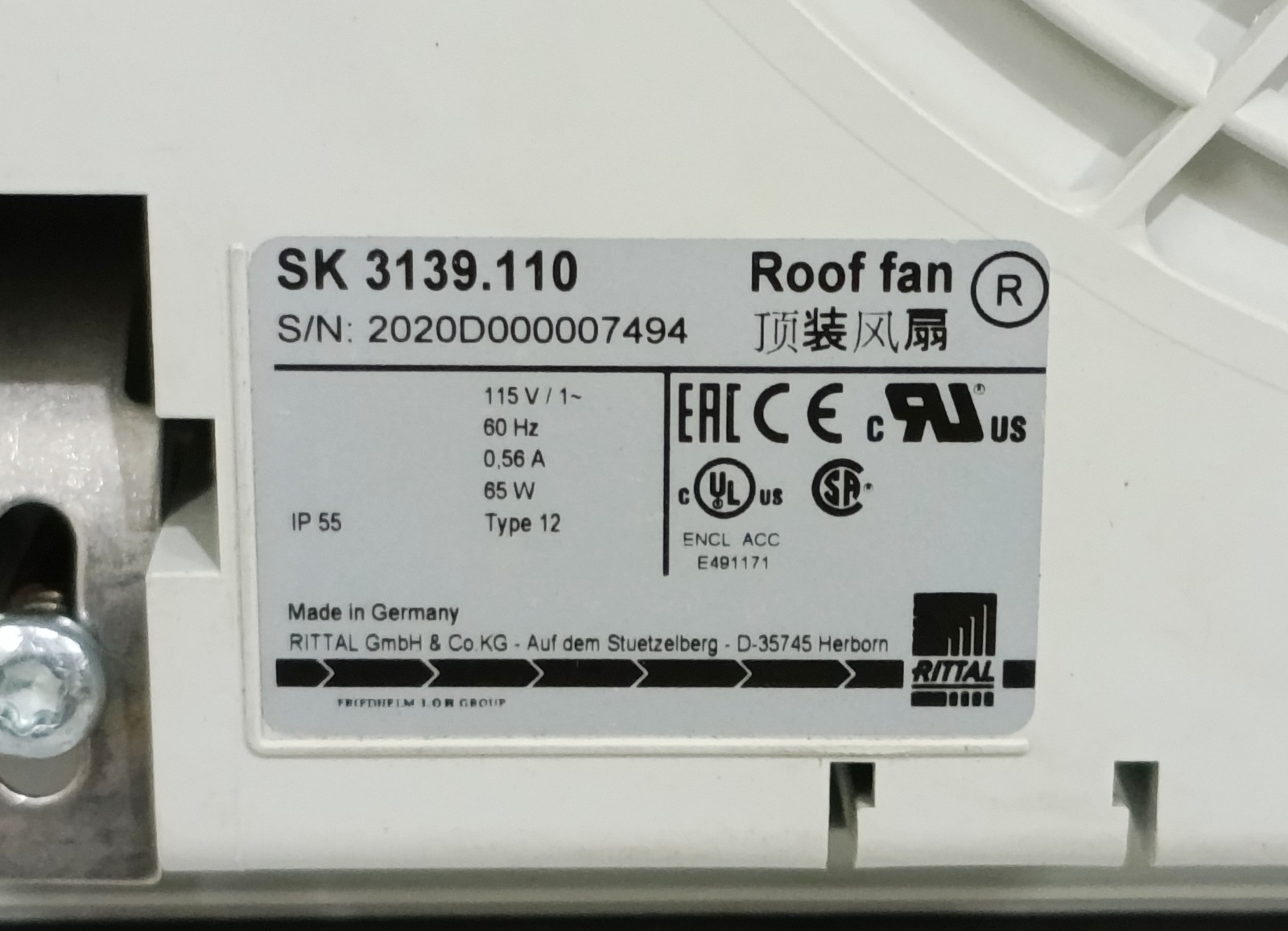 Rittal SK 3139.110 TopTherm Roof Mounted Fan 115V AC 500m3/h NEMA 12
