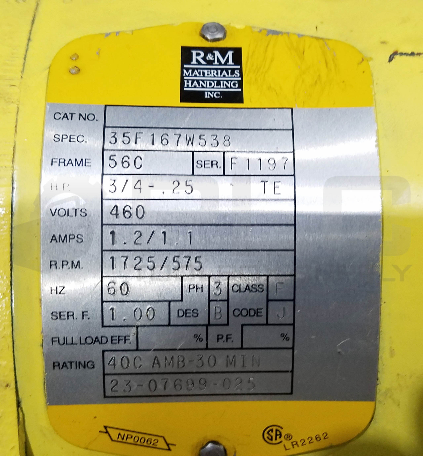 R&M MATERIALS HANDLING 35F167W538 CRANE MOTOR, 3/4HP 3PH 1725RPM FR: 56C