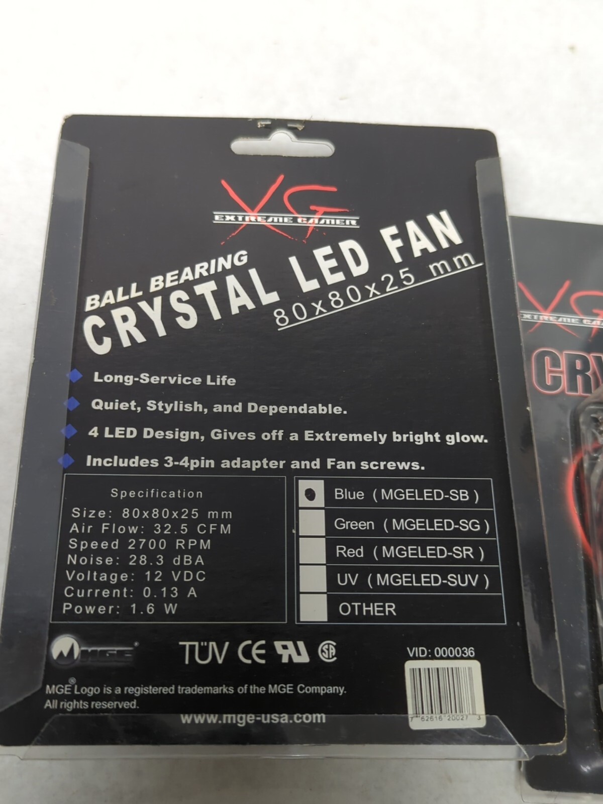 MGE,MGELED-SB,BALL BEARING CRYSTALLIZED PC FAN 80X80X25MM BLUE LOT OF 2 NOS