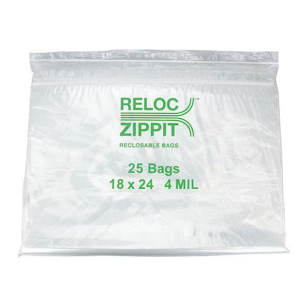 Reloc Zippit Reclosable Bag, Zip Seal, 24 in L, 18 in W, 4 mil Thick,