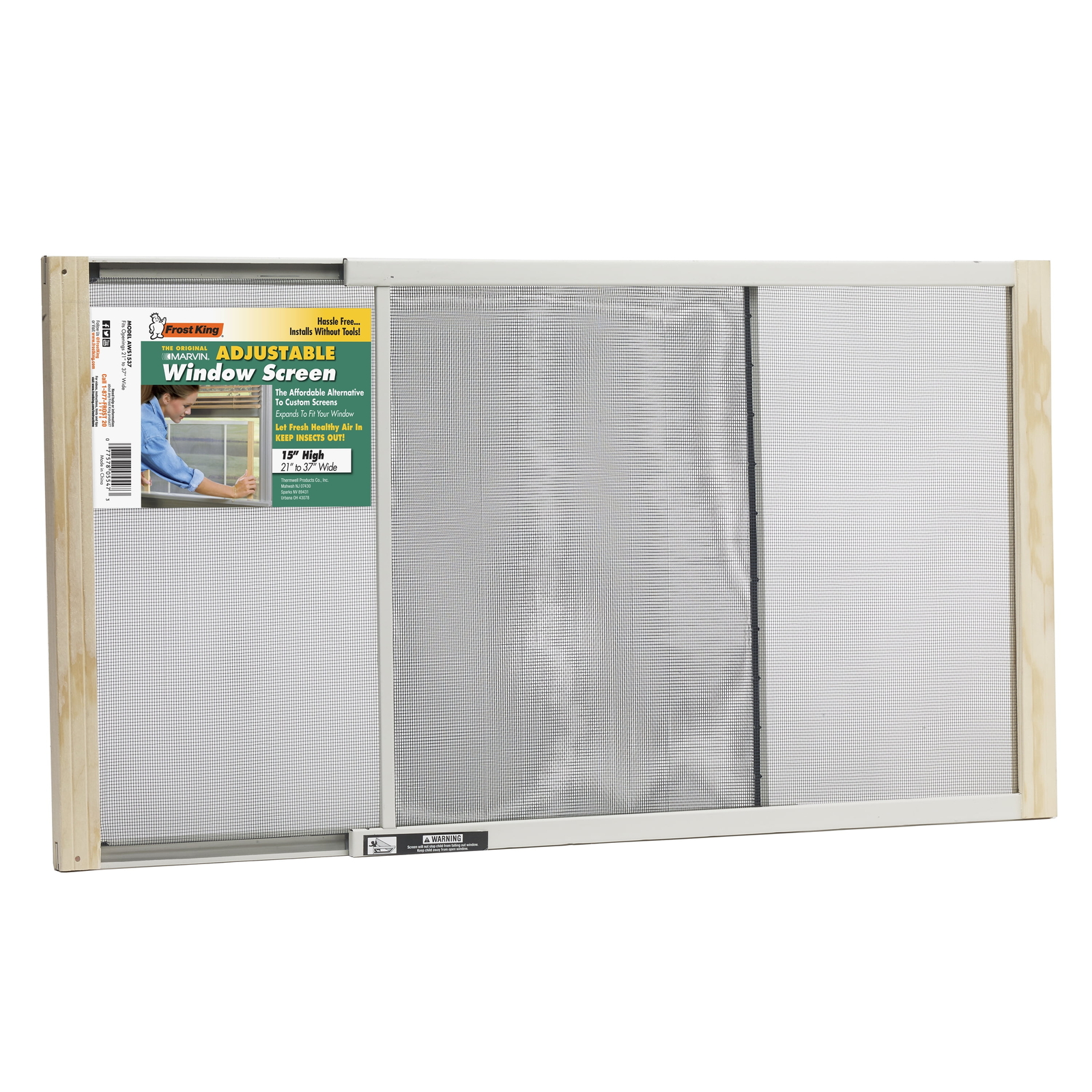 Adjustable Window Screen, 15″ High with Wood Frame, Fits Windows 21 – 37″ Wide