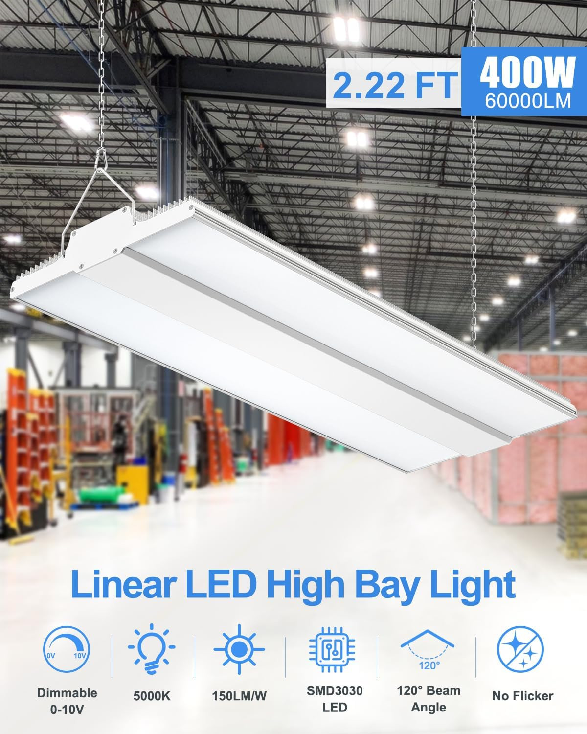 400W LED High Bay Shop Light 60,000LM, 2.2FT High Bay LED Warehouse Light UL Lis