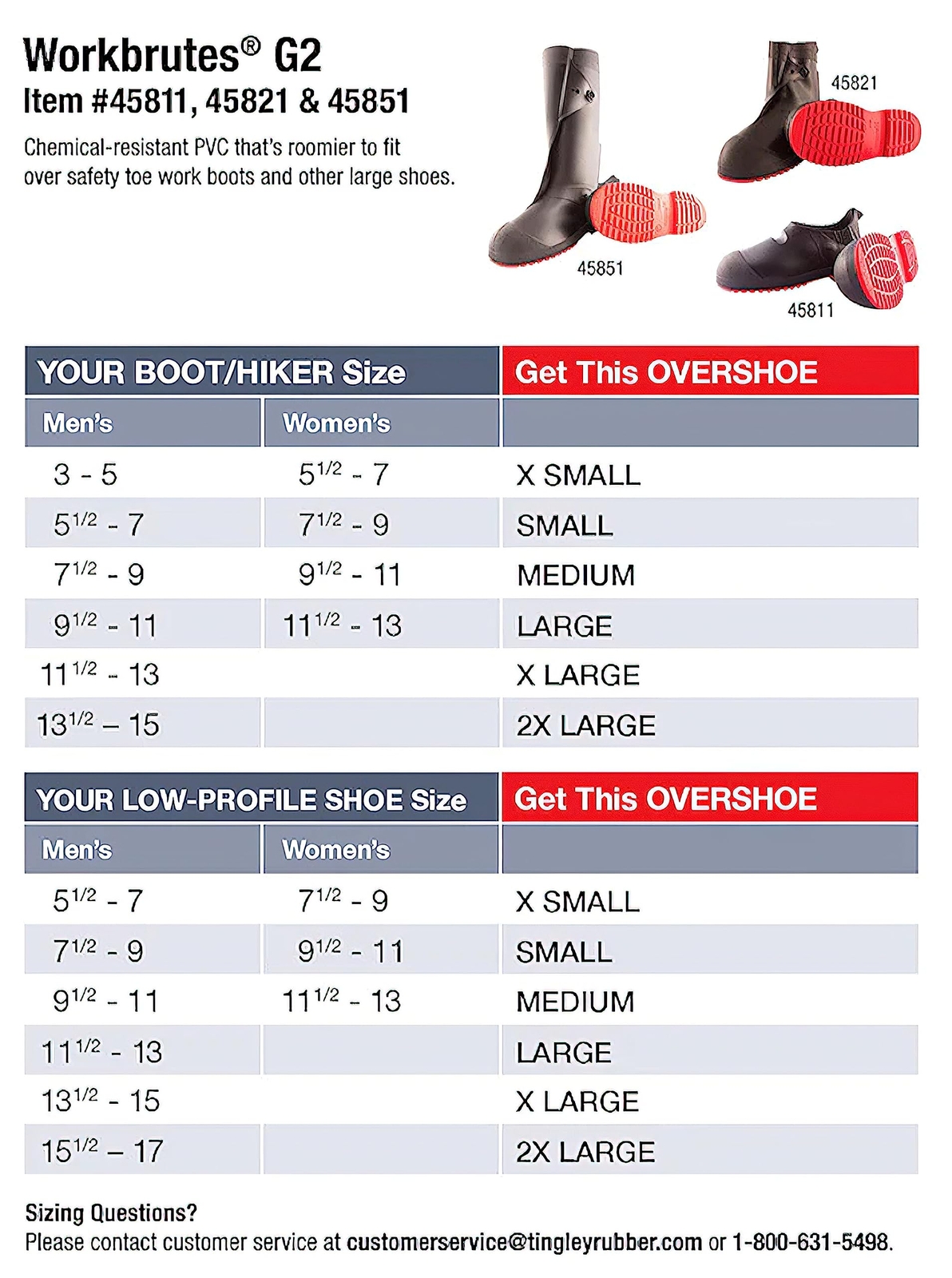 TINGLEY Workbrutes G2 PVC Overshoe 5.5″ Ht. Black Upper Red Sole Cleated Outsole