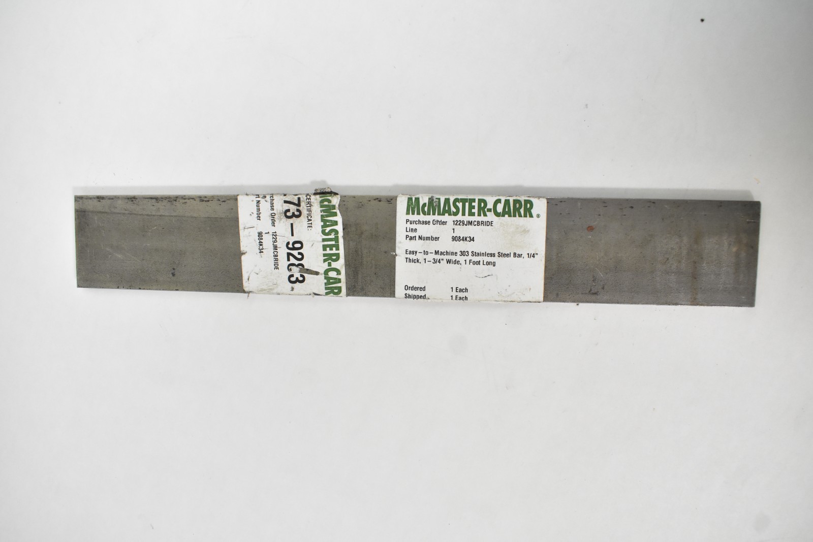 McMaster Carr Easy To Machine Bar Stainless Steel 1/4″ Thick x 1-3/4″ W x 1′ L