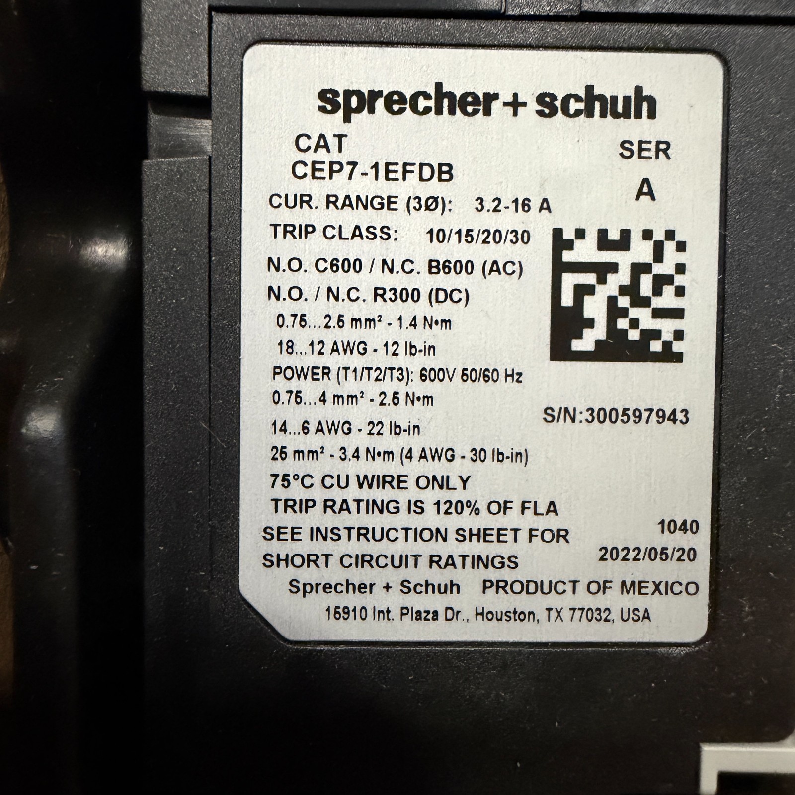 Sprecher + Schuh Overload Relay CEP7-1EFDB New in Box