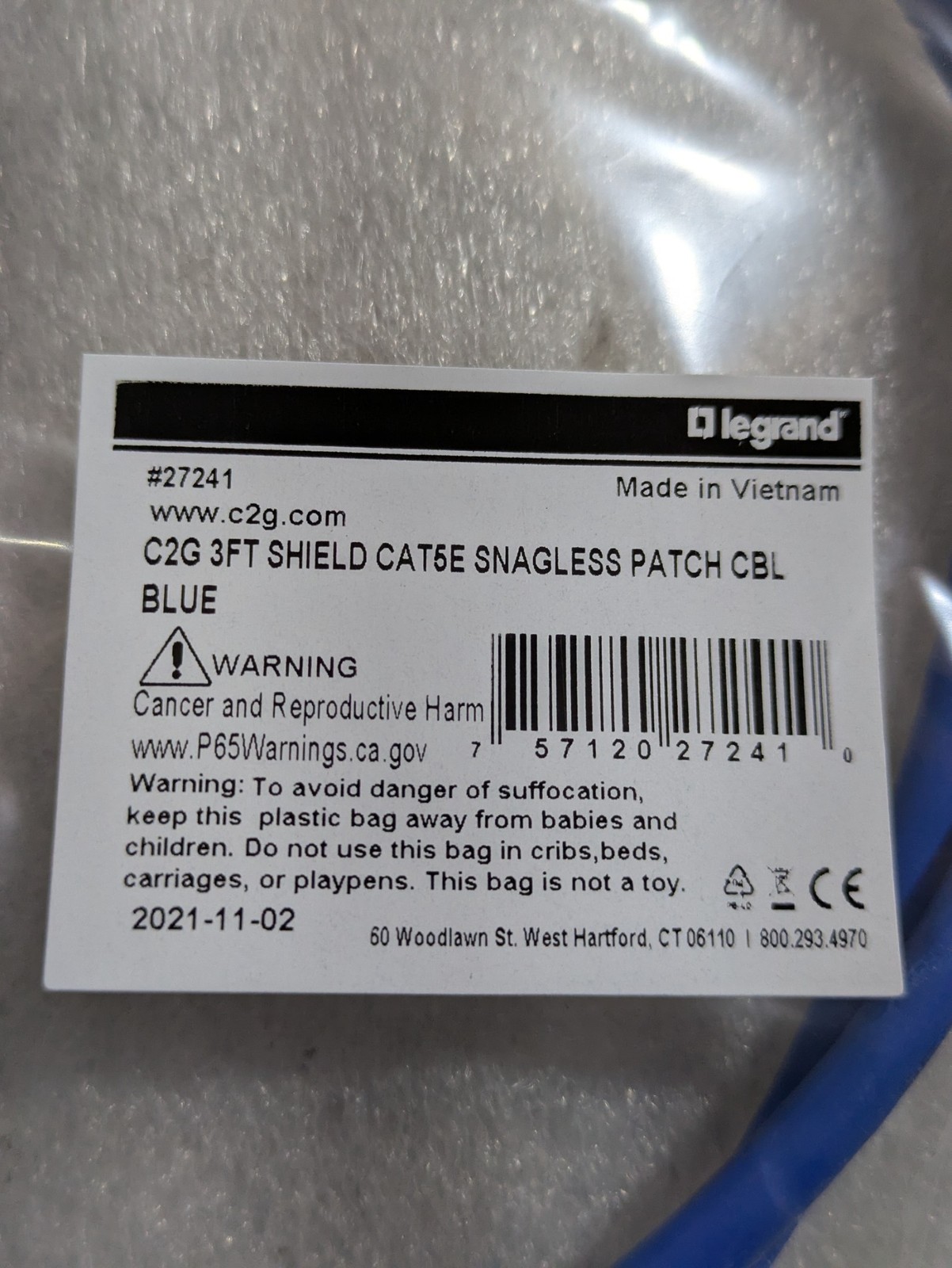 Legrand C2G 27241 Cat5e Shielded Snagless Patch Cable 3ft RJ45 Blue Ethernet OEM
