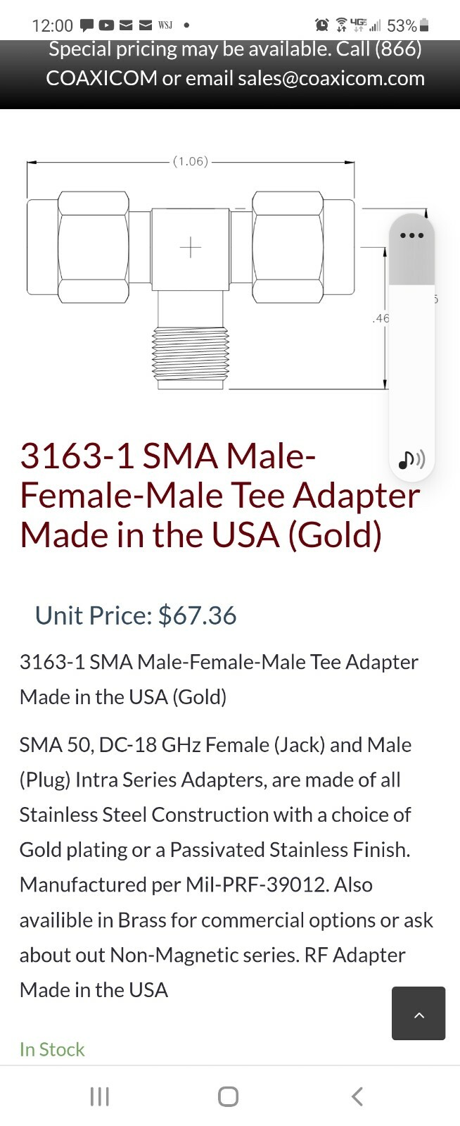 SMA RF Connector, “T” style, PN 3163-1, NSN 5935002617598, gold-plated, NOS