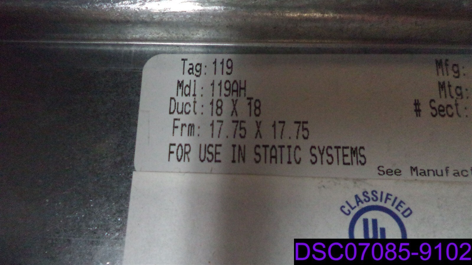 Dented Air Balance Damper Model 119AH, Duct: 18×18, Frame 17.75 x 17.75