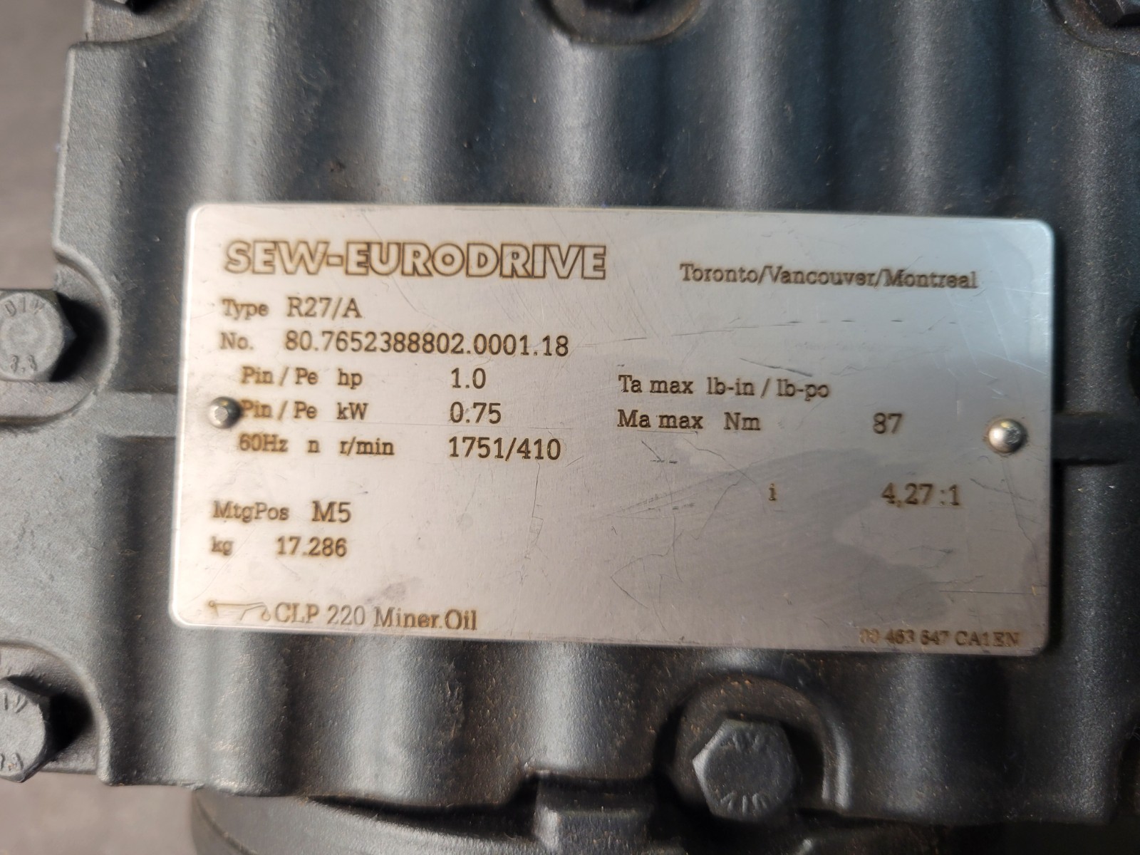 SEW Euro-Drive R27 DRN80M4/Type R27/A Motor Drive.