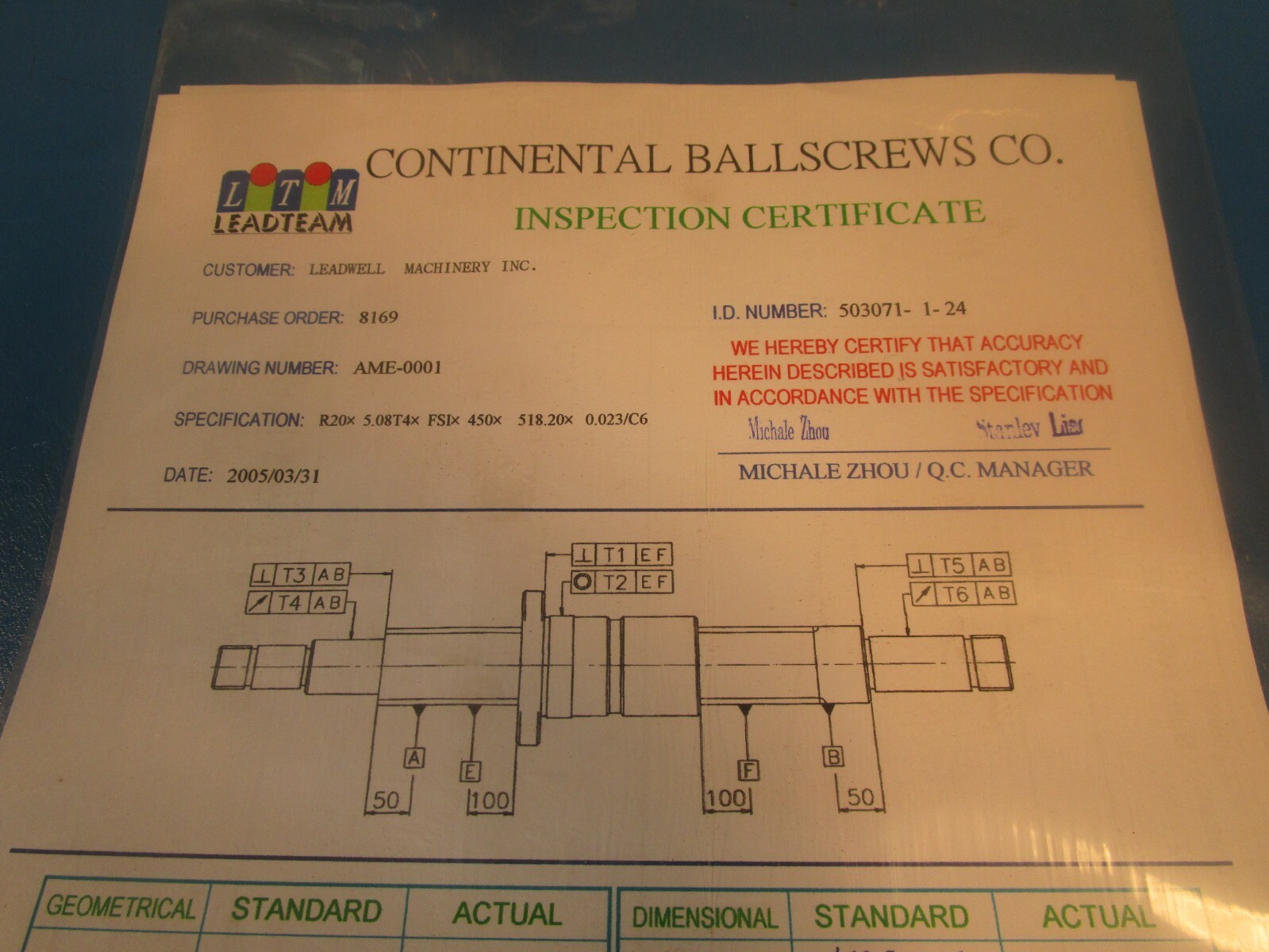Hiwin R20-5.08T4-FSI-450-518.20 C6, One R20-5.08T4 Ball Screw FSI
