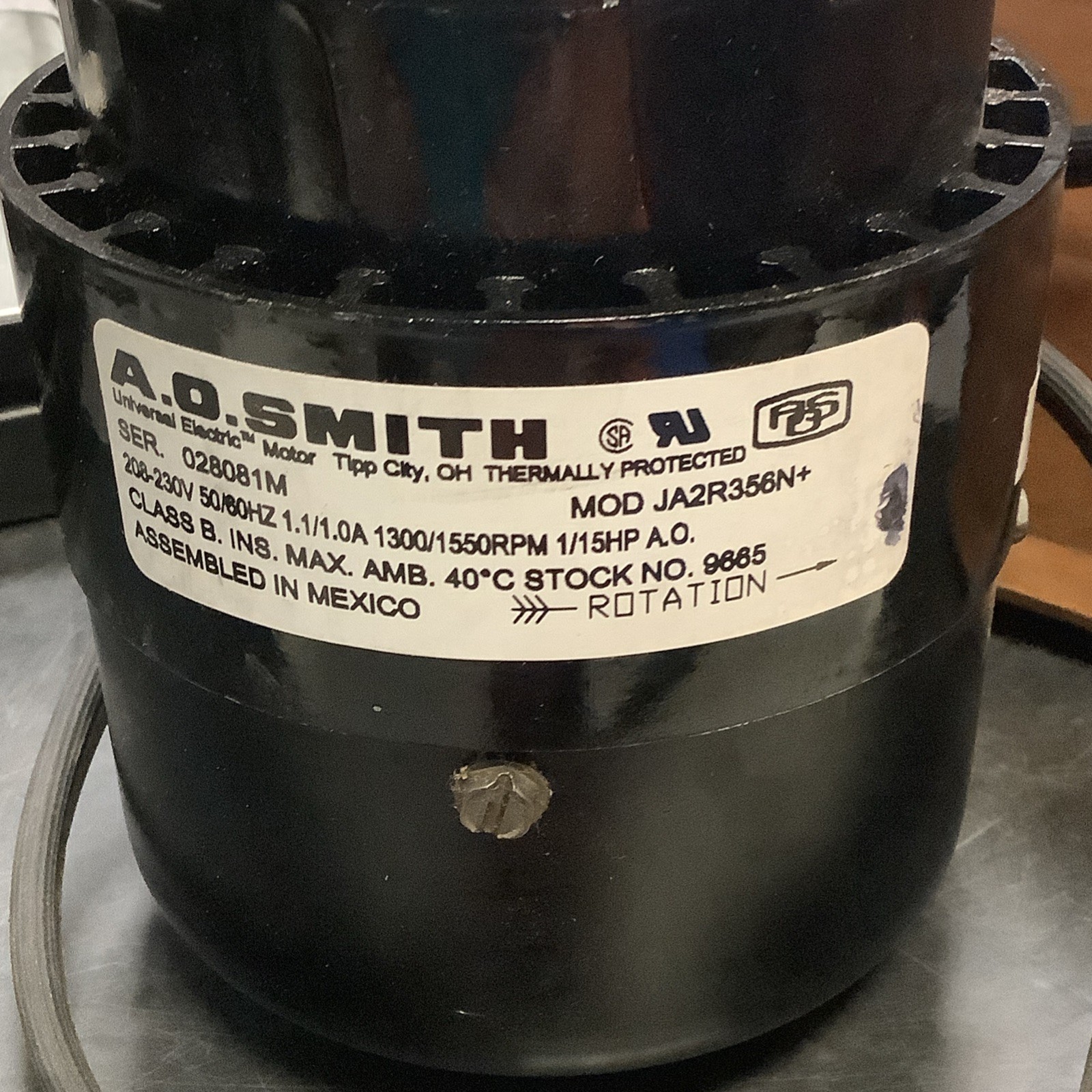 A.O. SMITH (9665) – JA2R356N+ Motor, 208-230V, 50/60Hz, 1.1/1.0A, 1300/1550 RPM,