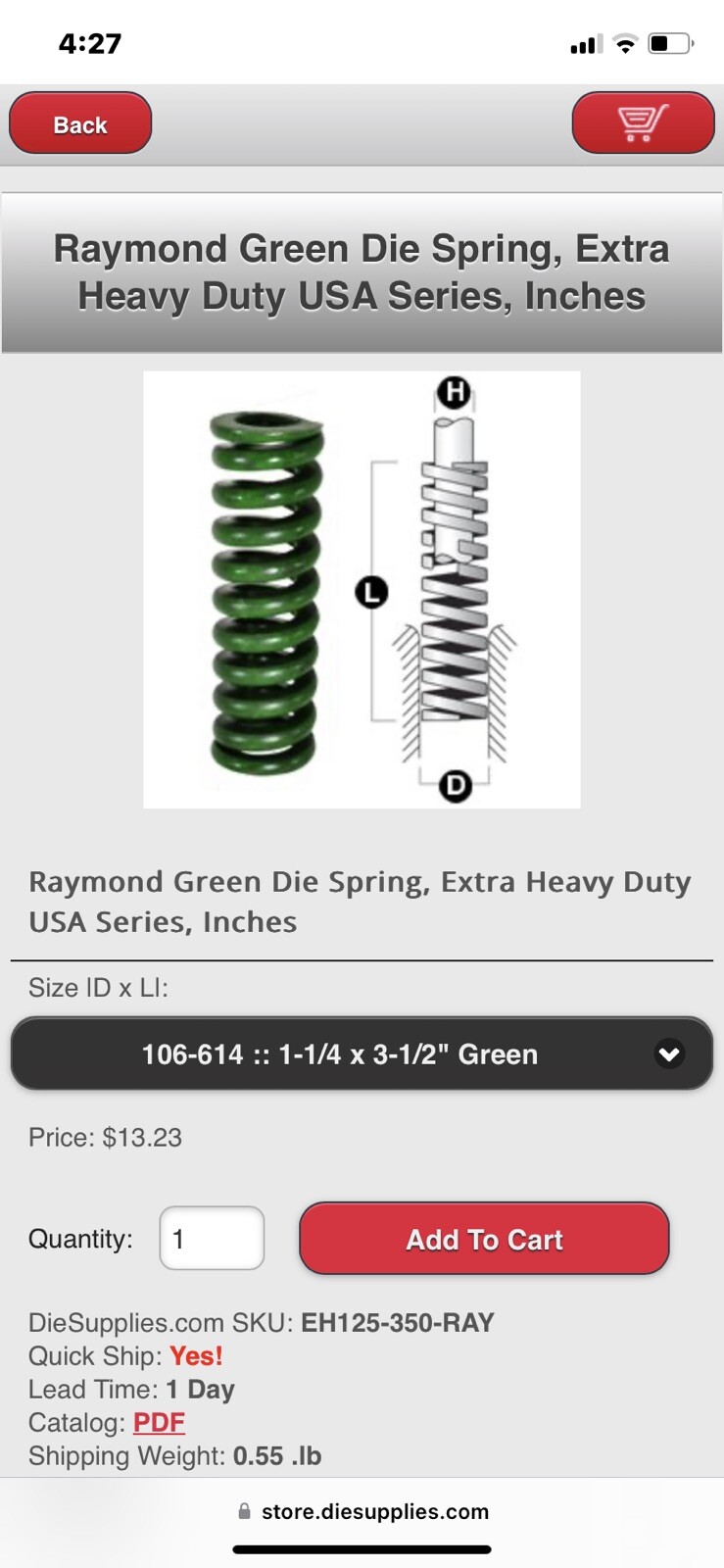 1-1/4 X 3-1/2 Inch Die Spring 106614 Extra Heavy Duty Green Raymond Coil