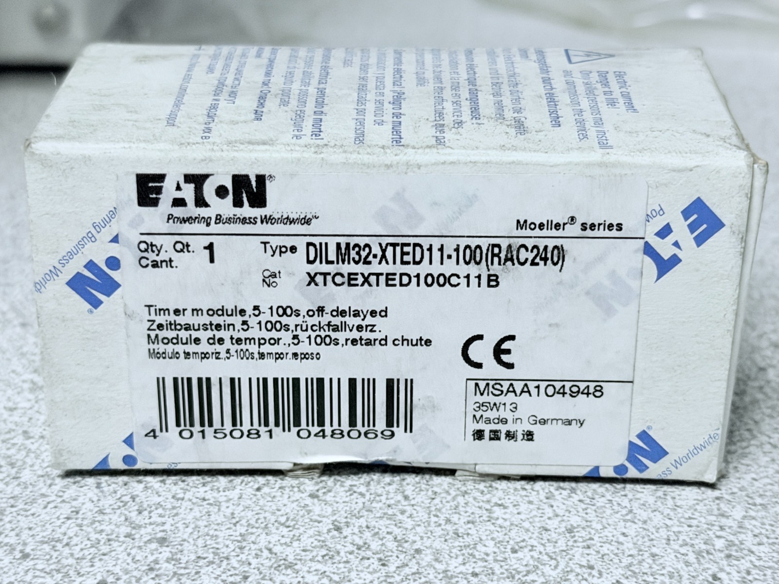 NEW Eaton XTCEXTED100C11B Contactor Timer Module, 5-100s, Off Delayed, 200-240V