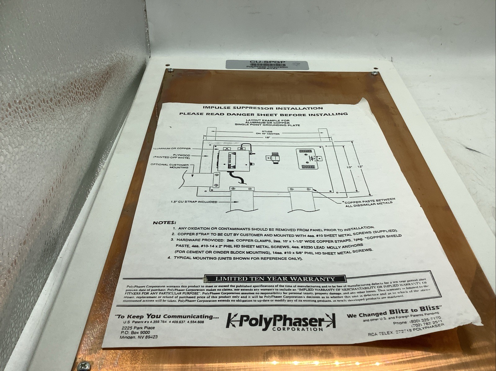 Polyphaser CU-SPGP Copper Grounding Plate Kit New Free Shipping