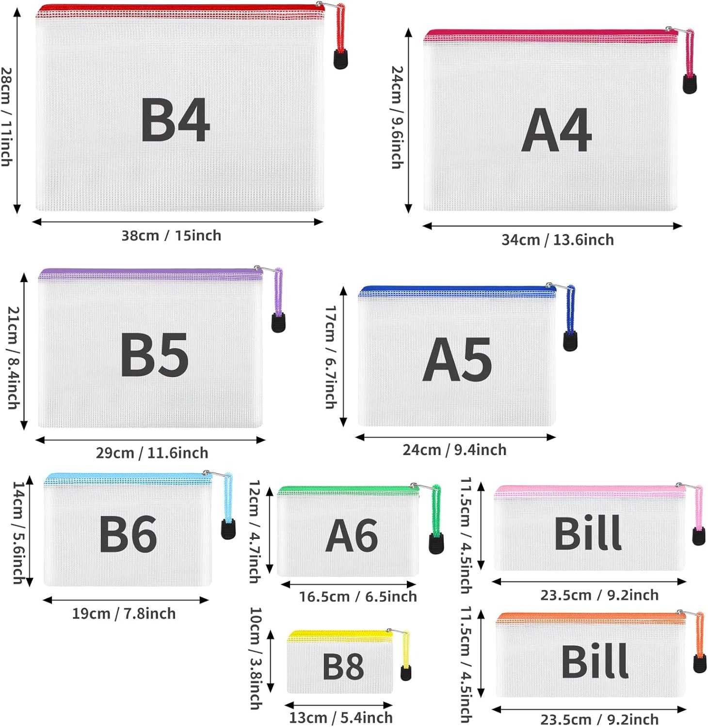 EOOUT 20pcs Mesh Zipper Pouch, Waterproof Bags, 8 Mutisize, 10 color