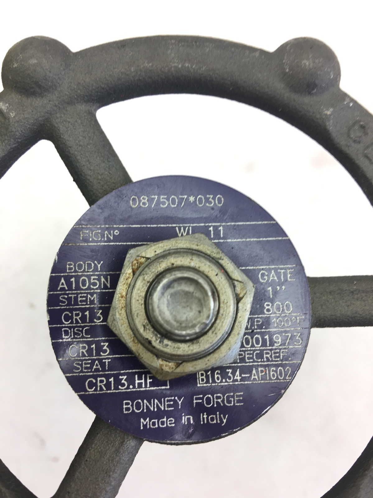 USED BONNEY FORGE 1″ 800 GATE VALVE 087507-*030 / A105N STEM CR13, (B365)