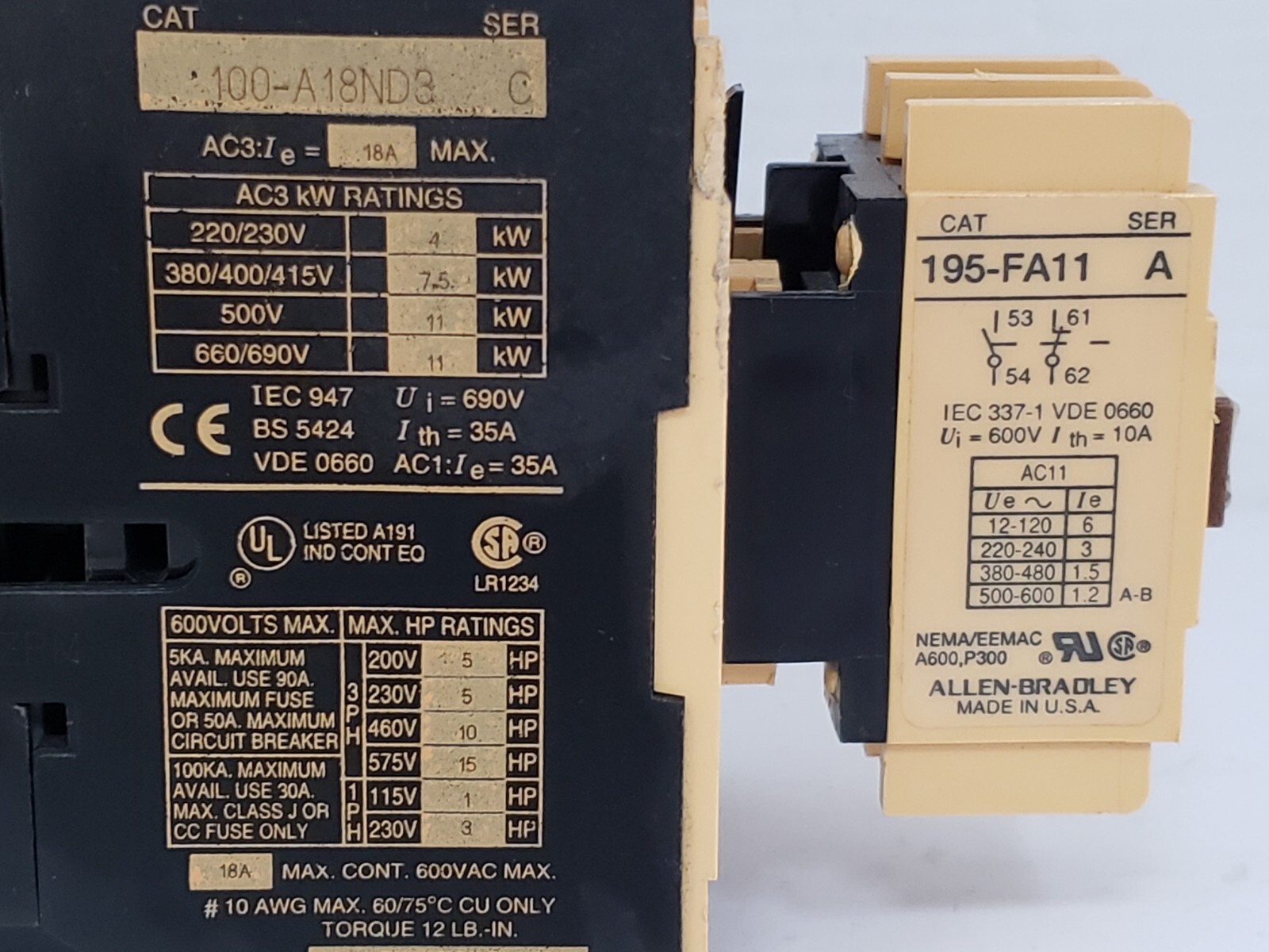 ALLEN BRADLEY 100-A18ND8 CONTACTOR SER C W/195-FA11 CONTACT BLOCK SER A