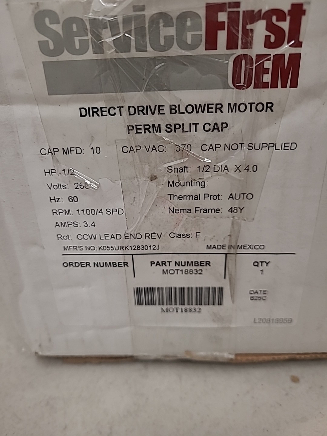 Trane MOT18832 265V 1/2HP 1100 RPM 4 SPDMotor