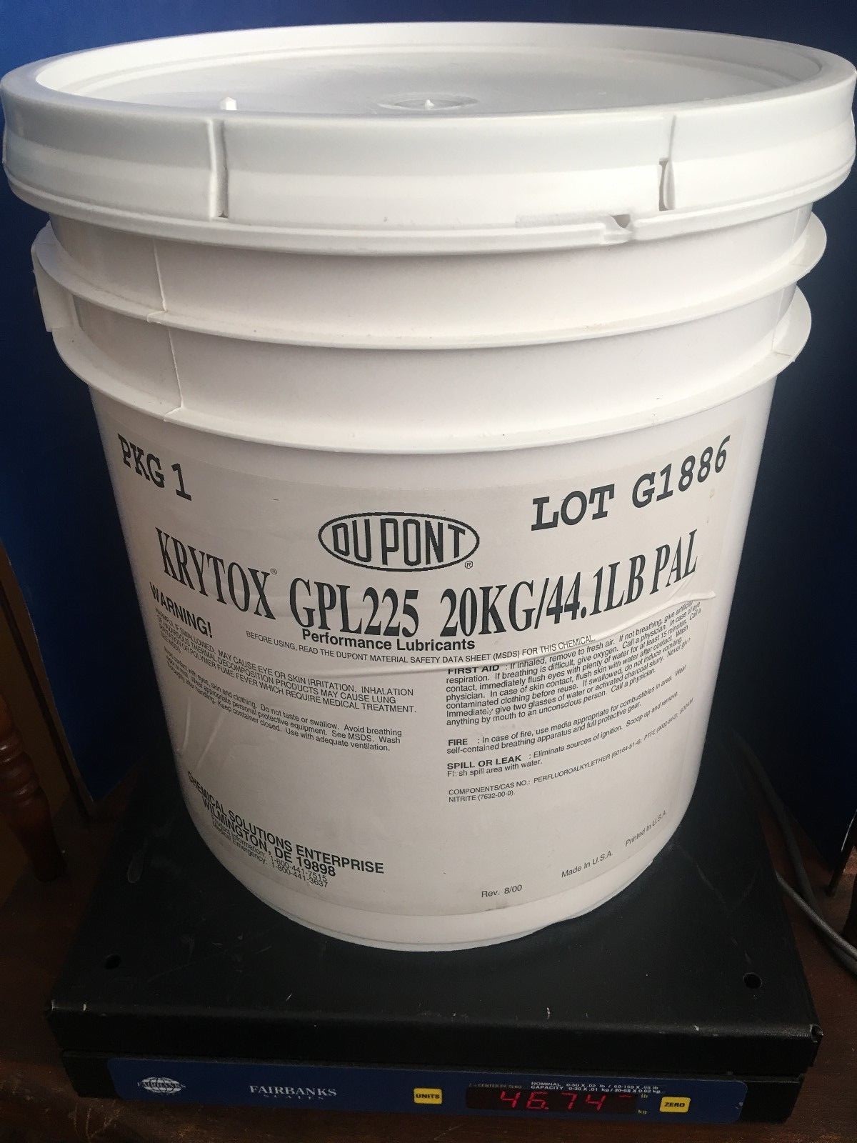 KRYTOX GPL-225 ANTI-CORROSION GREASE 20KG/44.1 LB PAIL NEVER OPENED