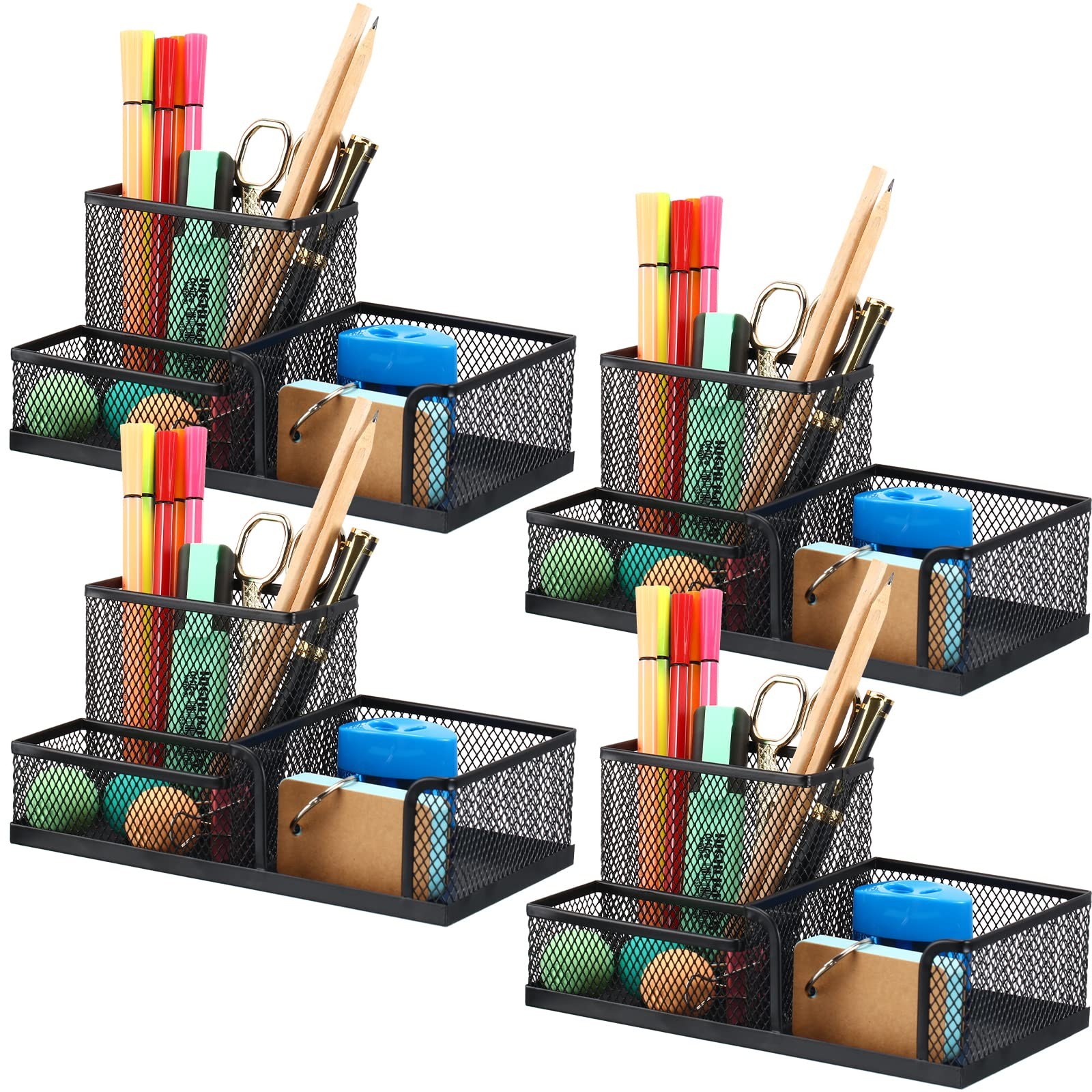 Ferraycle 4 Pcs Mesh Desk Organizer 3 Compartments Pen Holder black