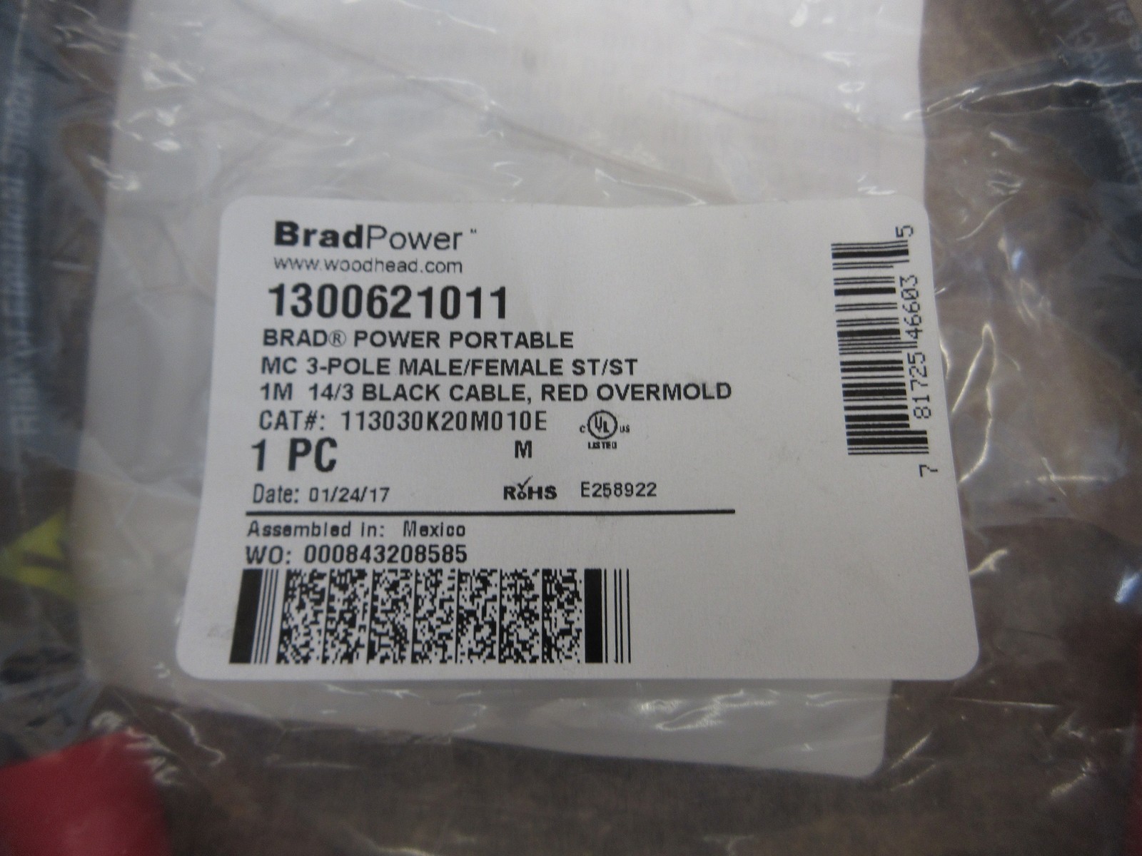 Woodhead BradPower Portable Cordset 113030K20M010E Length: 1m New Surplus