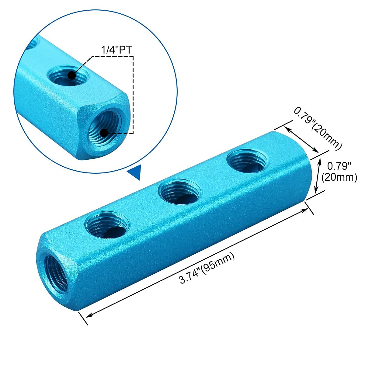 Aluminum Air Manifold Block, 3-Way 6-Port, 1/4″ PT for Pneumatic Systems