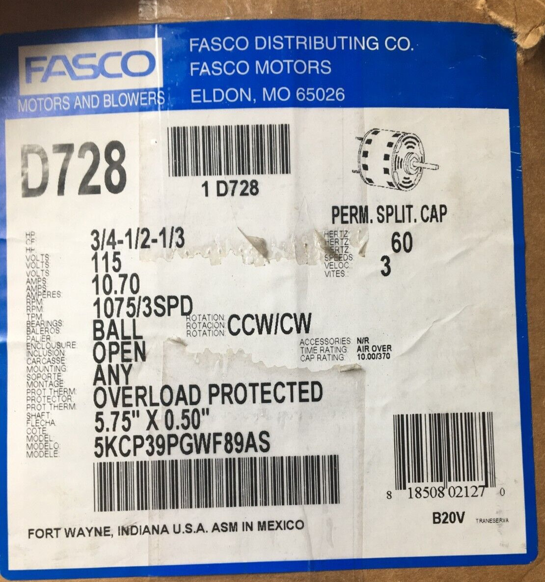 Fasco Ball Motor 3/4-1/2-1/3 115V 10.70A 1075/3SPD 5KCP39PGWF89AS New