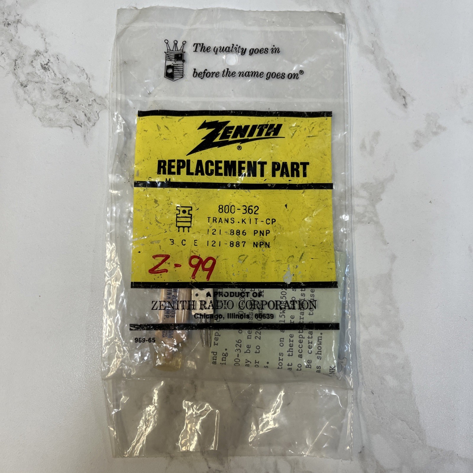 1 Ea ~ Zenith ~ 800-362 ~ SI Transistor Kit ~ NPN 121-887 / PNP 121-886 ~ NOS