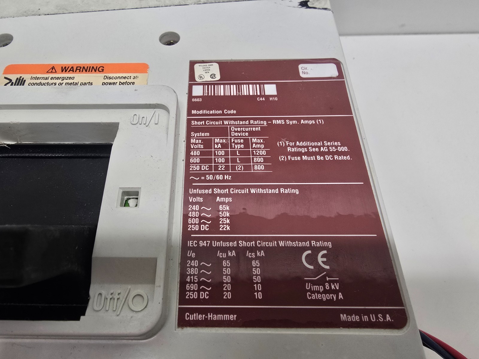GOOD USED! CUTLER-HAMMER 800A 3-POLE CIRCUIT BREAKER MDL3800WK