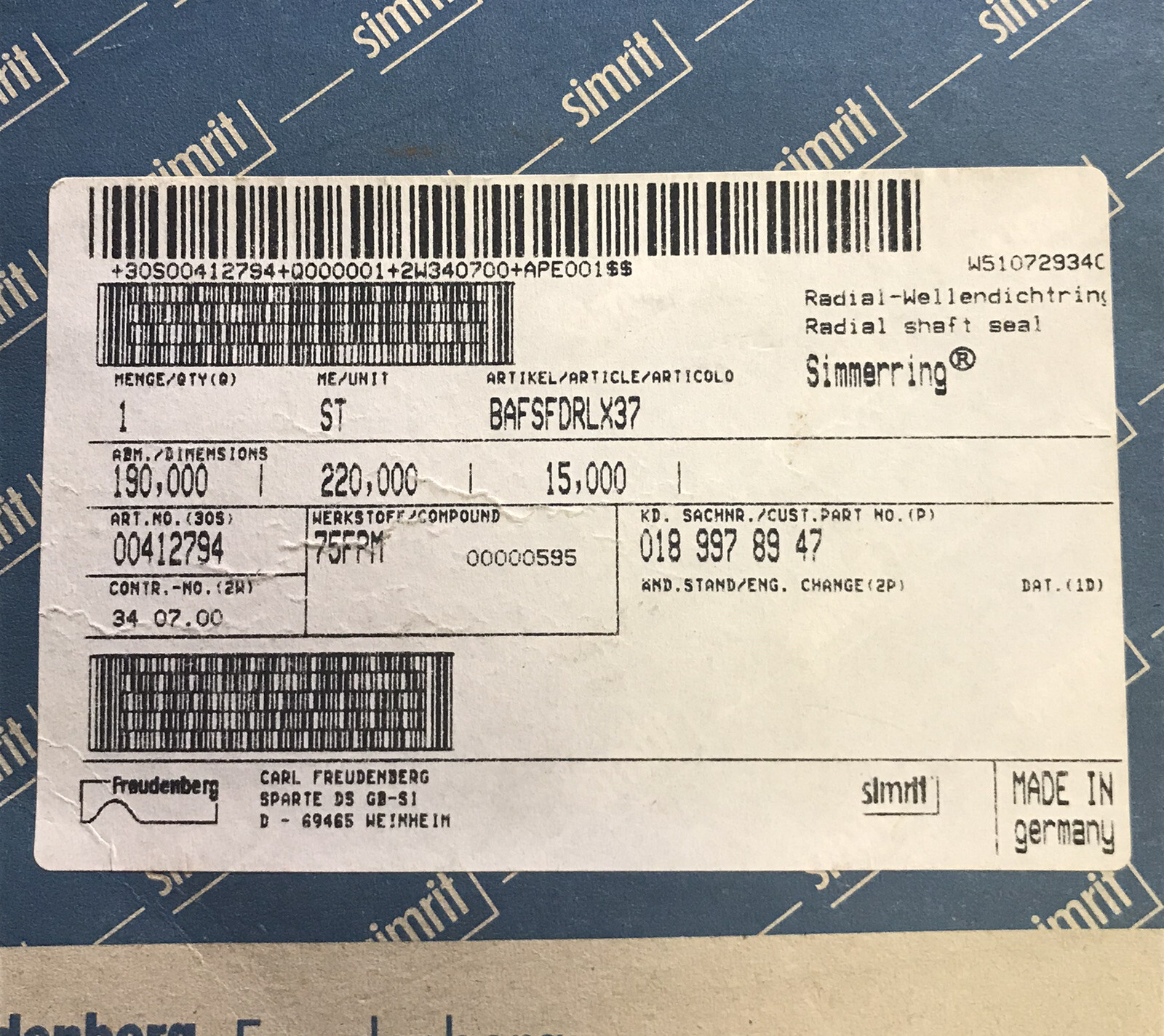 Freudenberg Radial Shaft Seal BAFSFDRLX37 190 x 220 x 15mm New