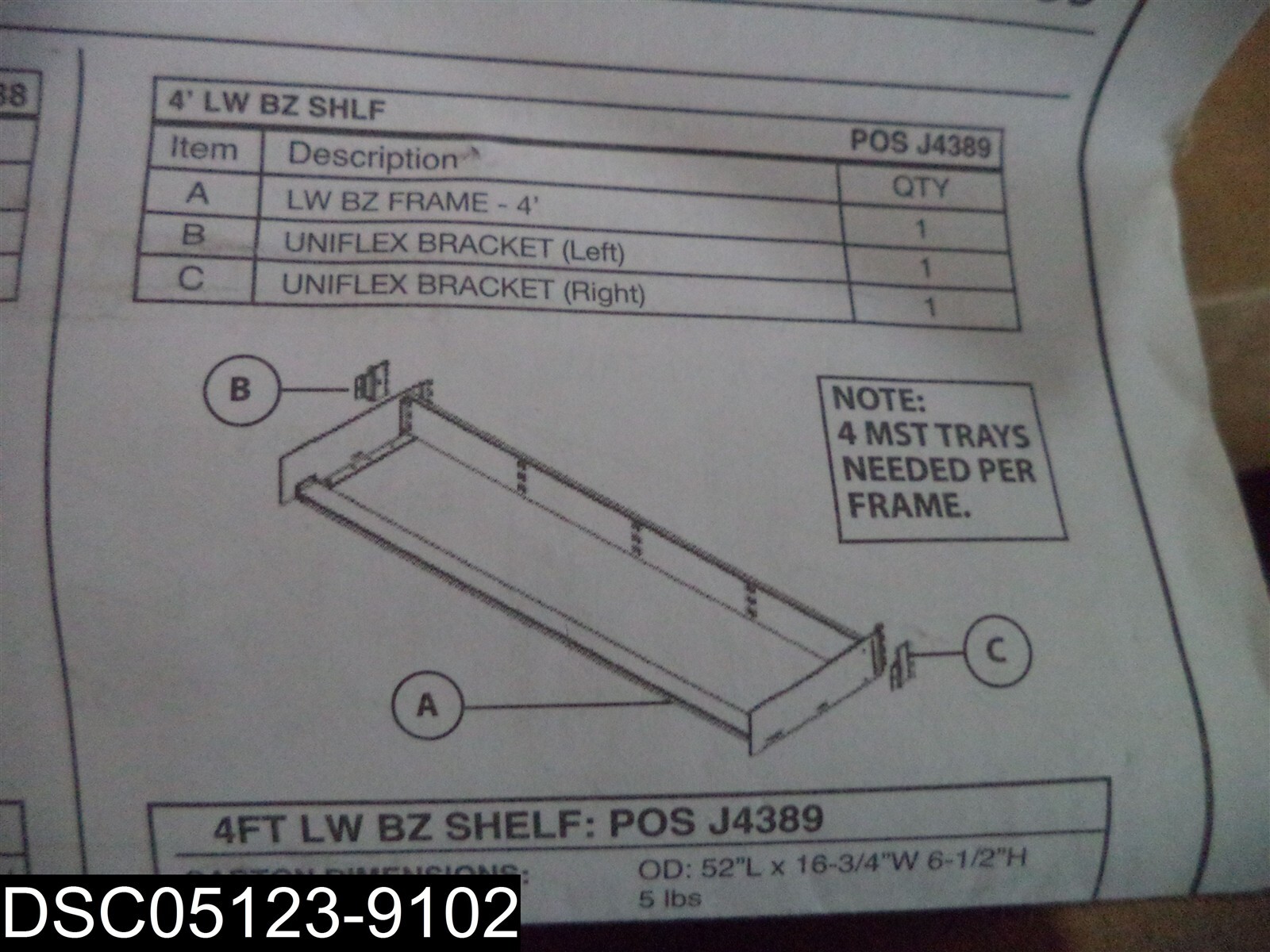 J4389 4′ Shelf Frame with Brackets J4389 4′ LW BZ SHLF